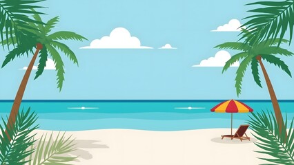 Vector illustration of summer beach with palm trees and sun lounger © Hamky
