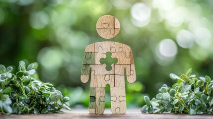 A wooden puzzle piece man with a green cross on his chest standing in front of green plants and a blurred green background.