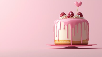 A pink and white cake with a heart-shaped topper and raspberries on a pink cake stand against a pink background.