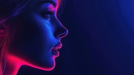 A woman's profile in neon light, with a blue and pink glow, against a dark background.