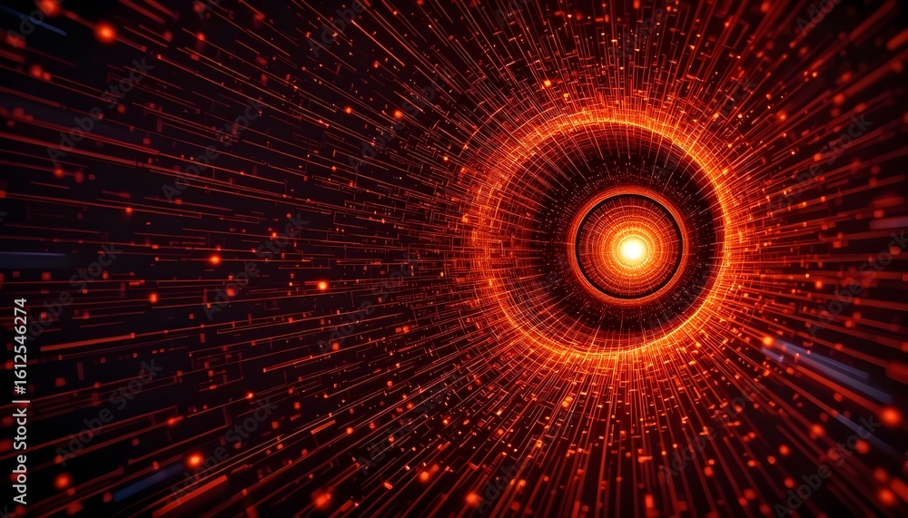 Poster abstract red tunnel with light at the end and lines converging to a central bright point