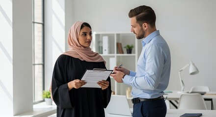 A businesswoman in a hijab and a man review documents together in a modern setting during a business meeting.
