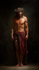 Jesus standing with a crown of thorns, full-length portrait, hyper-realistic oil painting.