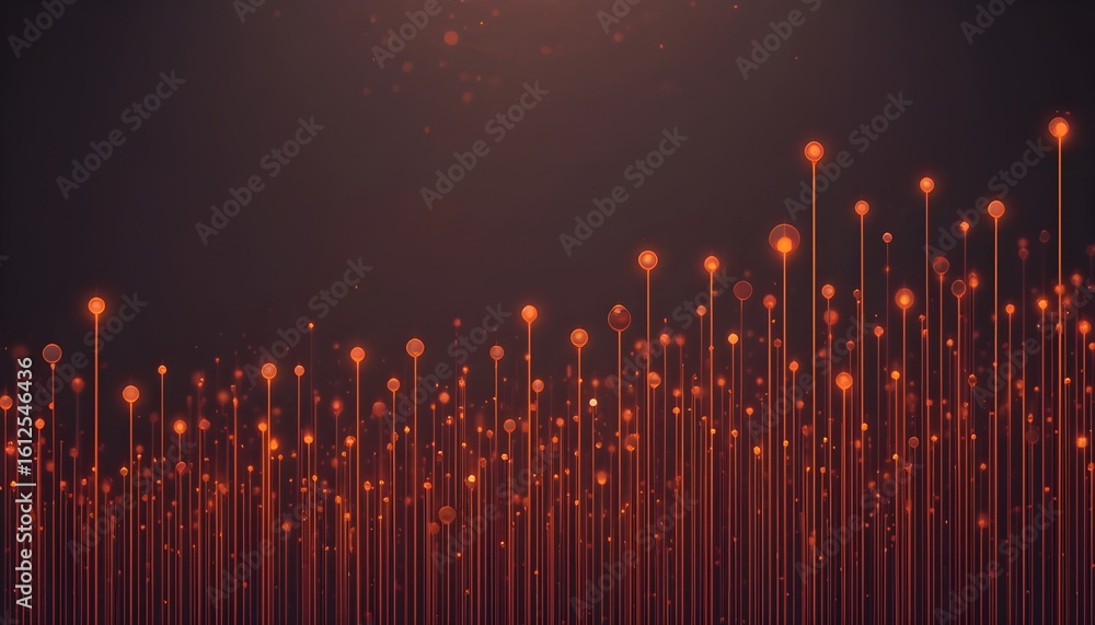 Poster abstract orange glowing spheres on vertical lines against a dark gradient background design style