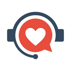 red heart with headphones icon, call center sign with earphones, hot line consultation logo template