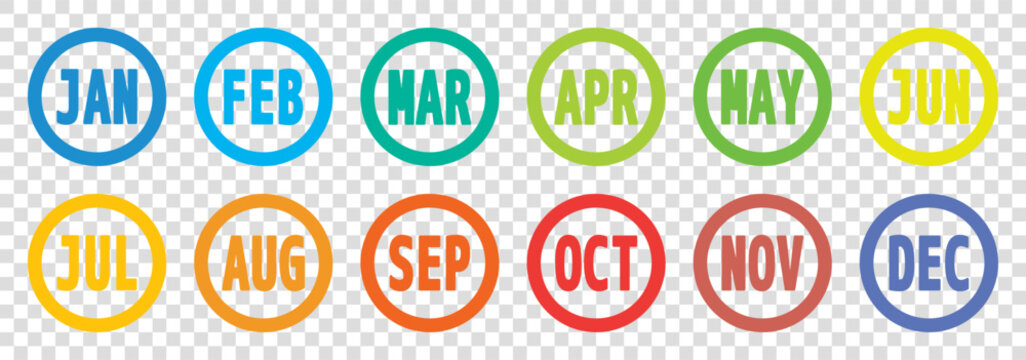colorful twelve bullet points, from january to december 12 months round outline markers, vector infographics elements