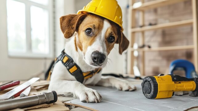 A dog wearing a hard hat and a harness, lying on a table with tools and cardboard, looking at a yellow tool.