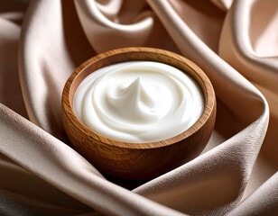 Wooden Bowl of White Cream Nestled in Silk Folds