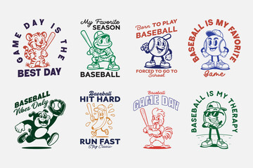Baseball quote and mascot cartoon character vector design bundle. Can be used as t shirt, poster, sticker, or print design