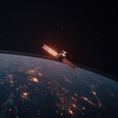 Obraz premium A satellite orbits Earth at night, its solar panels illuminated, against a backdrop of city lights and stars