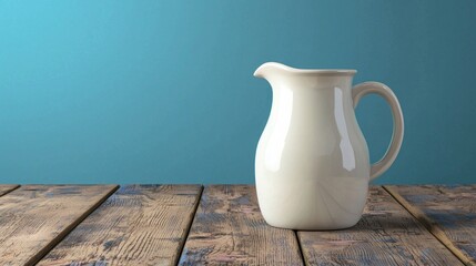 A white ceramic pitcher with a handle sits on a wooden table against a blue wall.