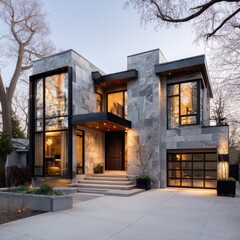 Modern, grey stone house with large windows, sleek black accents, and a spacious driveway, illuminated at dusk