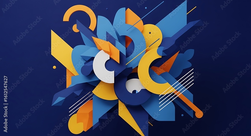 Poster abstract geometric composition with circles triangles and lines on a dark blue backdrop