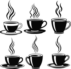 Six black coffee cups with steam illustrations