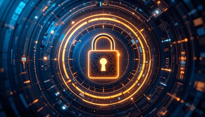 Glowing padlock surrounded by circular technology elements in a digital abstract design