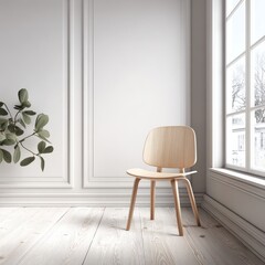 Light wood chair in minimalist, bright room with white walls, paneled molding, light wood floors, and a leafy plant near a window with a snowy winter view