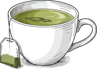 Hand drawn sketch of a cup of green tea with tea bag