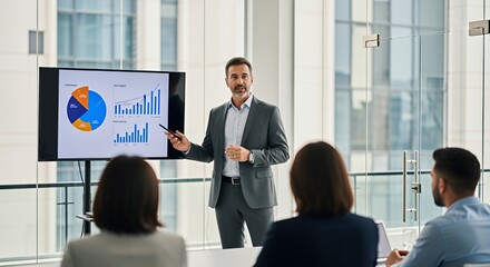 A confident businessman presents financial data and growth charts to a captivated audience during a corporate meeting.