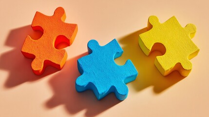 Obraz premium Three colorful jigsaw puzzle pieces orange blue and yellow cast shadows on a peachtoned surface
