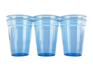 Three clear blue plastic cups stacked together isolated on white background