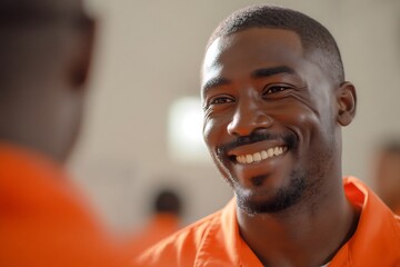 Smiling young warehouse worker in safety vest having a conversation, promoting teamwork and positive work environment in industrial setting