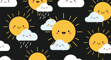 Cute Kawaii Sun and Cloud Seamless Pattern with Rain Drops and Happy Faces for Children and Weather Enthusiasts