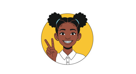 Adorable Young African American Girl with Afros and a Cheerful Smile Makes a Peace Sign Gesture
