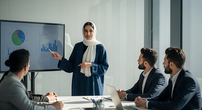 A confident businesswoman in a hijab presents financial data to a diverse group of colleagues during a modern meeting.