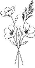 Floral Outline Pattern – Black Line Art Flowers on White Background, Vector Design