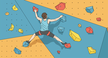 An Athlete Ascends a Rock Climbing Wall Utilizing Specialized Grips for Upward Mobility