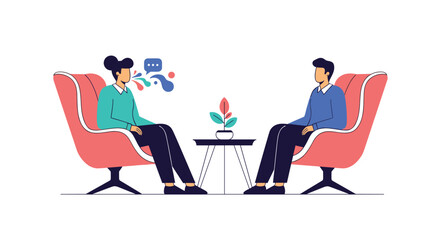 Two people sitting in chairs talking to each other with a plant on the table in between them with speech bubble above them