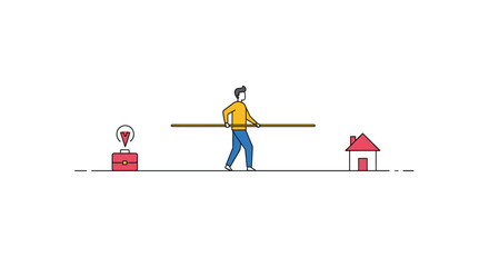 Man balancing a horizontal beam between a briefcase and a house symbolizing financial planning and home ownership