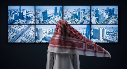A person in traditional Middle Eastern attire gazes at a large screen displaying panoramic cityscapes, contemplating urban development and progress.