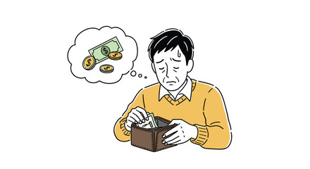 Man Worried About Lack of Money in His Wallet and Financial Worries Thought Bubble with Bills and Coins