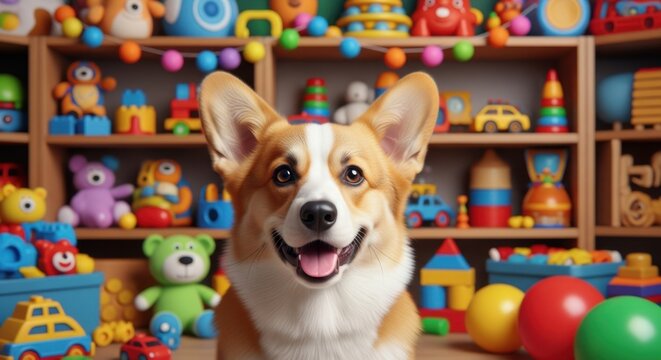 A happy corgi puppy surrounded by colorful toys on shelves