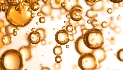 Abstract close-up of numerous golden bubbles floating in a translucent liquid against a bright background