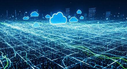 Digital landscape with glowing blue grid, lines, and cloud icons over a cityscape silhouette
