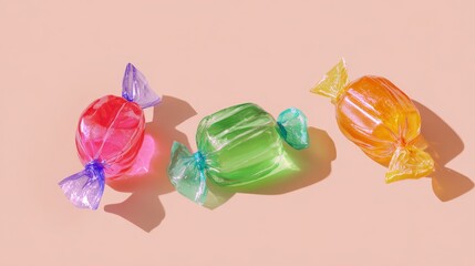three hard candy pieces, large scale, each in a different bright color, casually scattered on a pastel background, no shadows --ar 16:9 --raw --v 7 Job ID: e0c6fa0d-2cdf-4bd9-a67d-e171227787d0