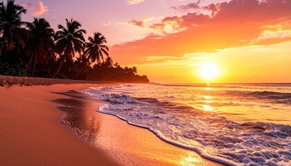 Vibrant tropical beach sunset with warm golden hues and gentle ocean waves lapping the shore