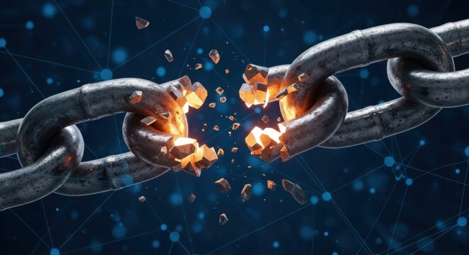 Fractured Chain Link: Digital Network, Strength, and Vulnerability Concept