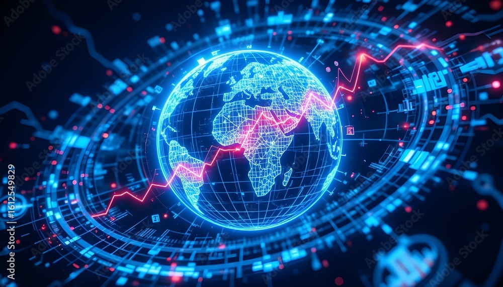 Poster digital world globe with a rising red line graph overlayed on a complex blue circuit design