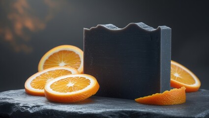 Charcoal soap with vibrant orange slices on stone in soft, moody light
