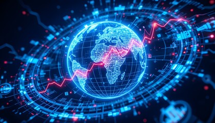 Digital world globe with a rising red line graph overlayed on a complex blue circuit design