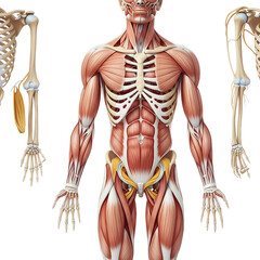 A 3D render of the human musculoskeletal system, showing the major muscles and skeleton of the torso and limbs, isolated on a transparent background.