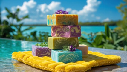 Vibrant handmade soaps resting on a plush pad by a tranquil pool