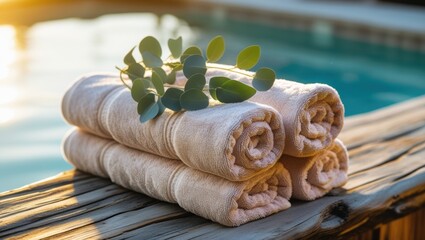 Beige towels with eucalyptus on wood by a sunlit, serene poolside