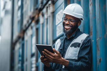 Smiling Dock Worker Using Tablet by Shipping Containers