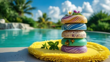 Colorful handmade soap bars on a plush pad by a serene turquoise pool