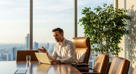 A businessman conducts a video conference call from his modern , overlooking a cityscape at sunset.