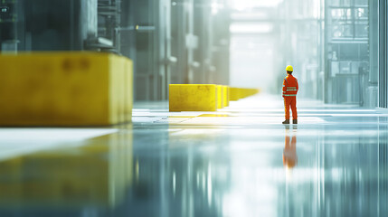 A man in an orange safety suit walks across a bridge in front of a large industrial plant. Concept of caution and responsibility, as the man is likely working in a hazardous environment